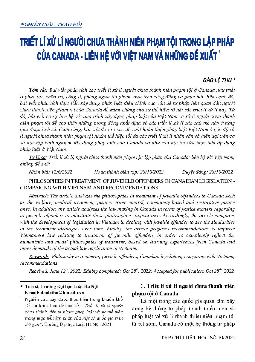 Triết lí xử lí người chưa thành niên phạm tội trong lập pháp của Canada - Liên hệ với Việt Nam và những đề xuất 