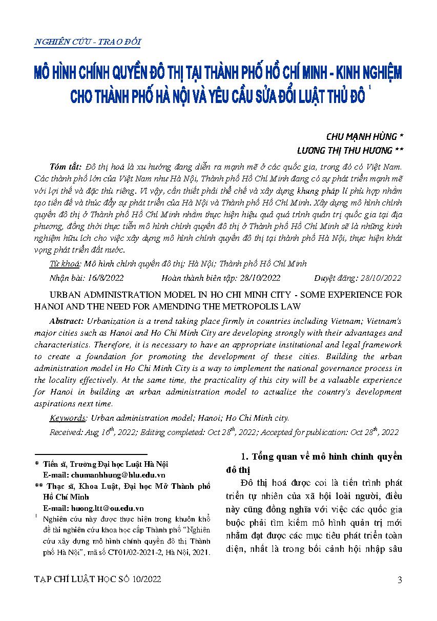 Mô hình chính quyền đô thị tại thành phố Hồ Chí Minh - Kinh nghiệm cho thành phố Hà Nội và yêu cầu sửa đổi Luật Thủ đô 