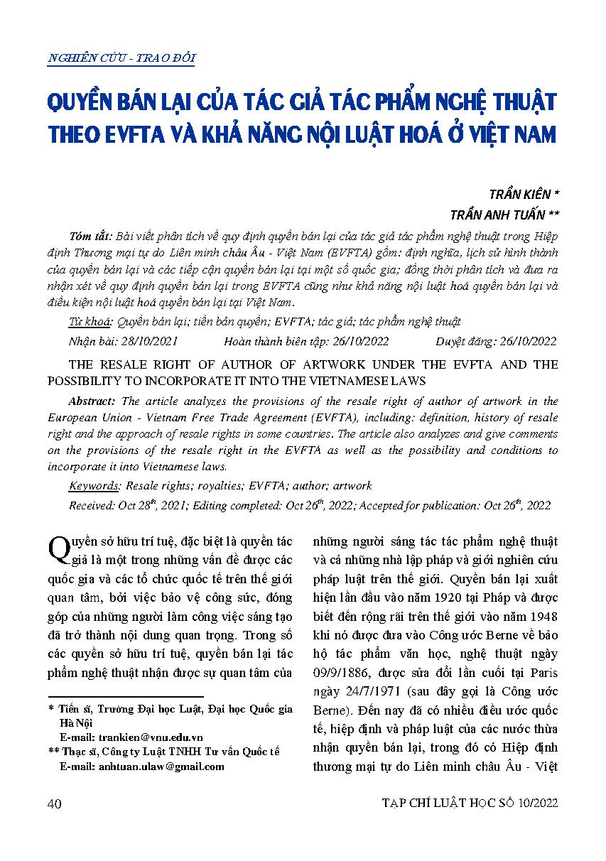 Quyền bán lại của tác giả tác phẩm nghệ thuật theo EVFTA và khả năng nội luật hoá ở Việt Nam 
