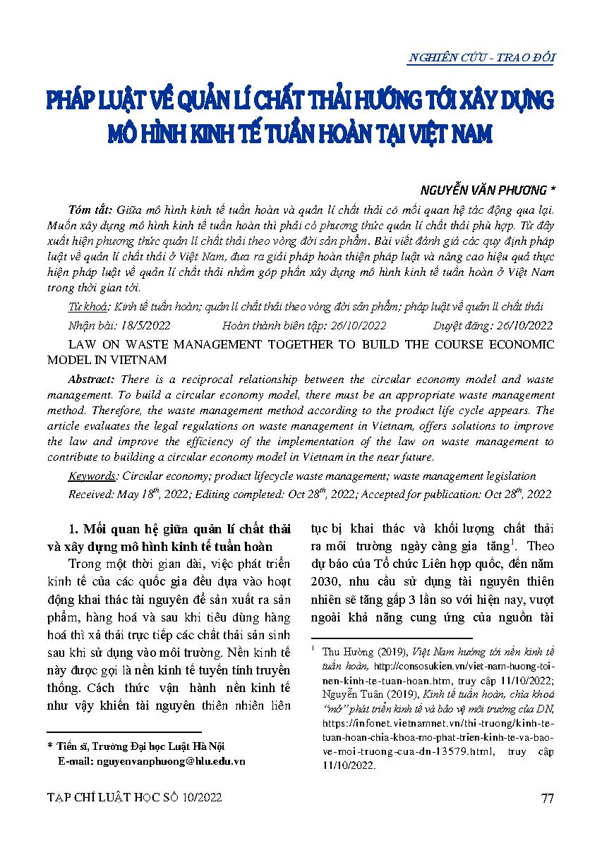 Pháp luật về quản lí chất thải hướng tới xây dựng mô hình kinh tế tuần hoàn tại Việt Nam 