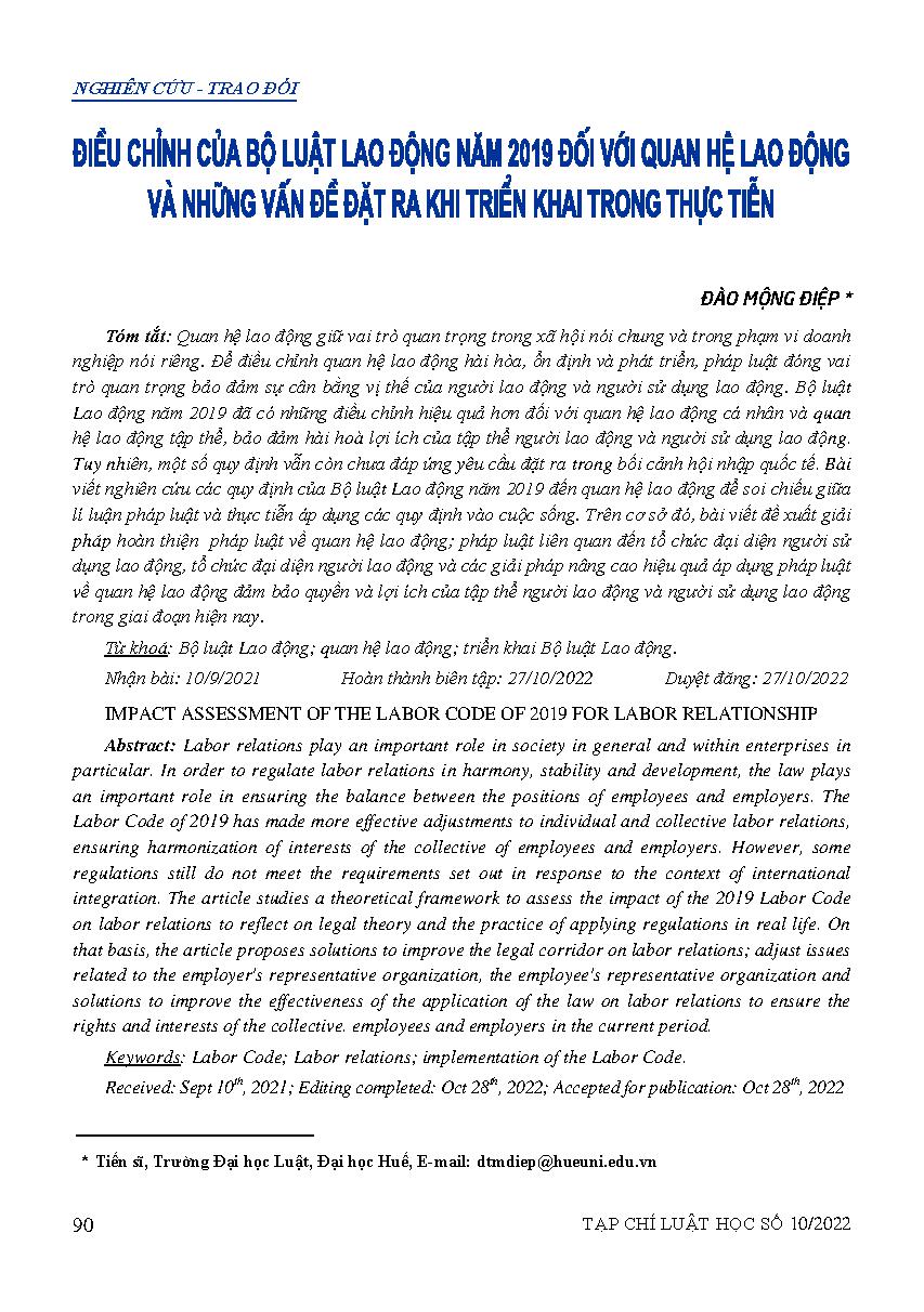 Điều chỉnh của Bộ luật Lao động năm 2019 đối với quan hệ lao động và những vấn đề đặt ra khi triển khai trong thực tiễn 