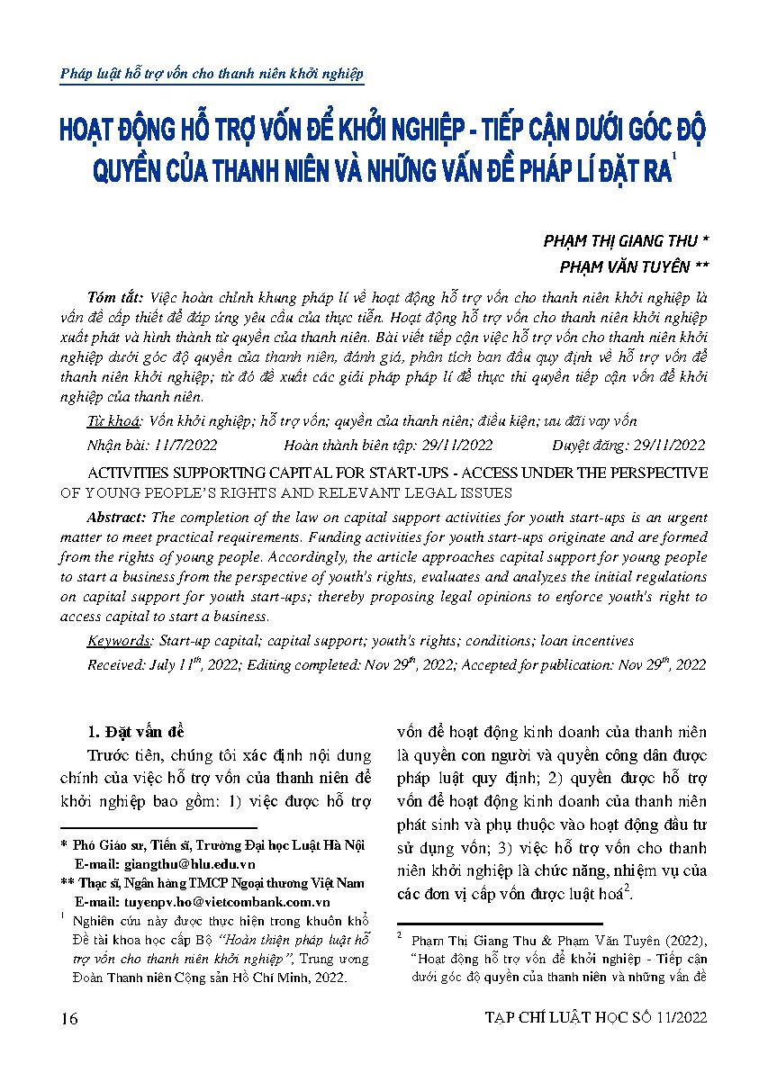 Hoạt động hỗ trợ vốn để khởi nghiệp – Tiếp cận dưới góc độ quyền của thanh niên và những vấn đề pháp lí đặt ra 