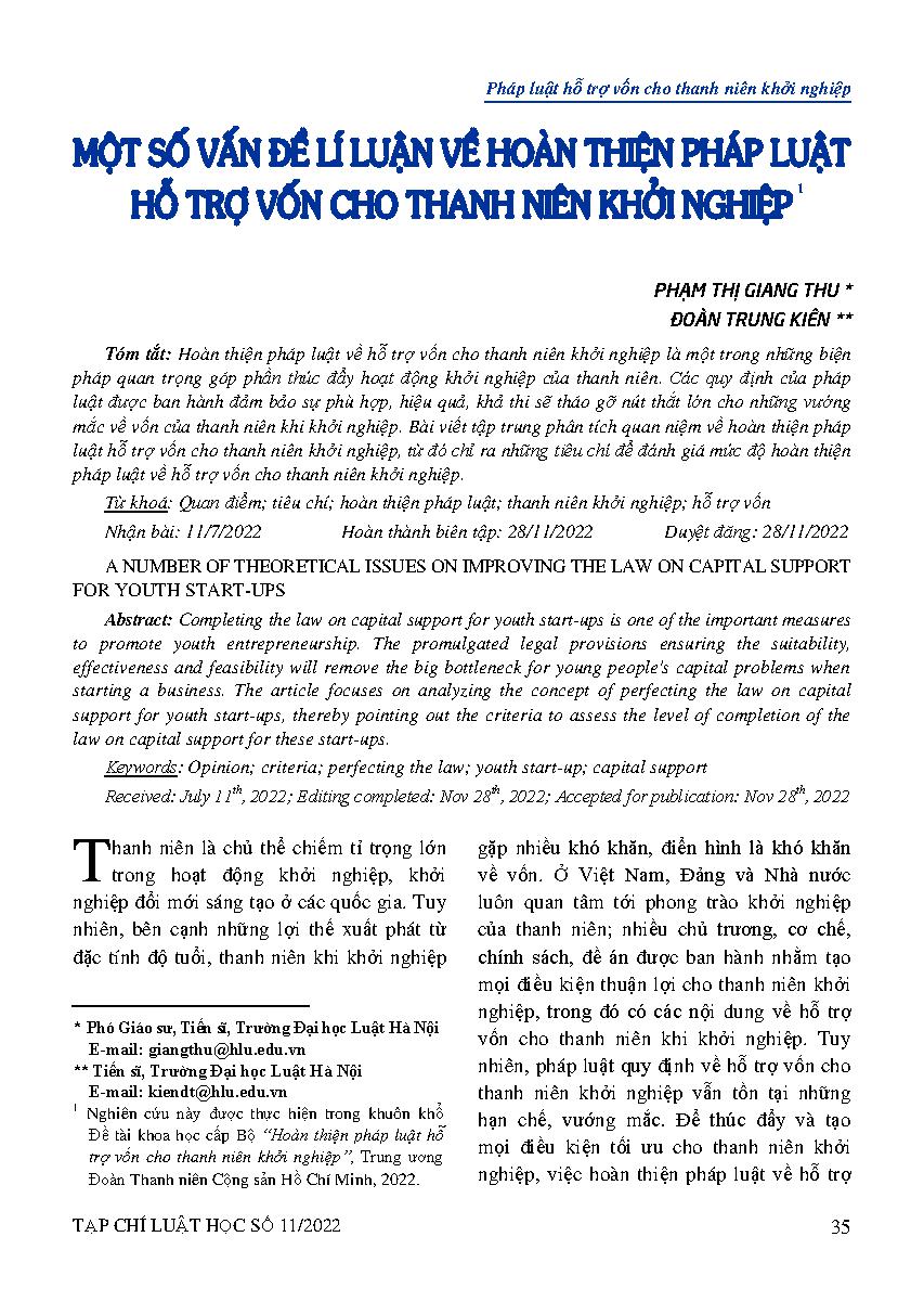 Một số vấn đề lí luận về hoàn thiện pháp luật hỗ trợ vốn cho thanh niên khởi nghiệp 