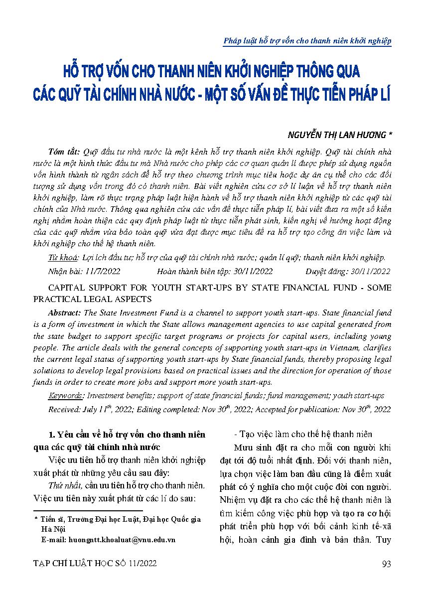 Hỗ trợ vốn cho thanh niên khởi nghiệp thông qua các quỹ tài chính nhà nước - Một số vấn đề thực tiễn pháp lí 