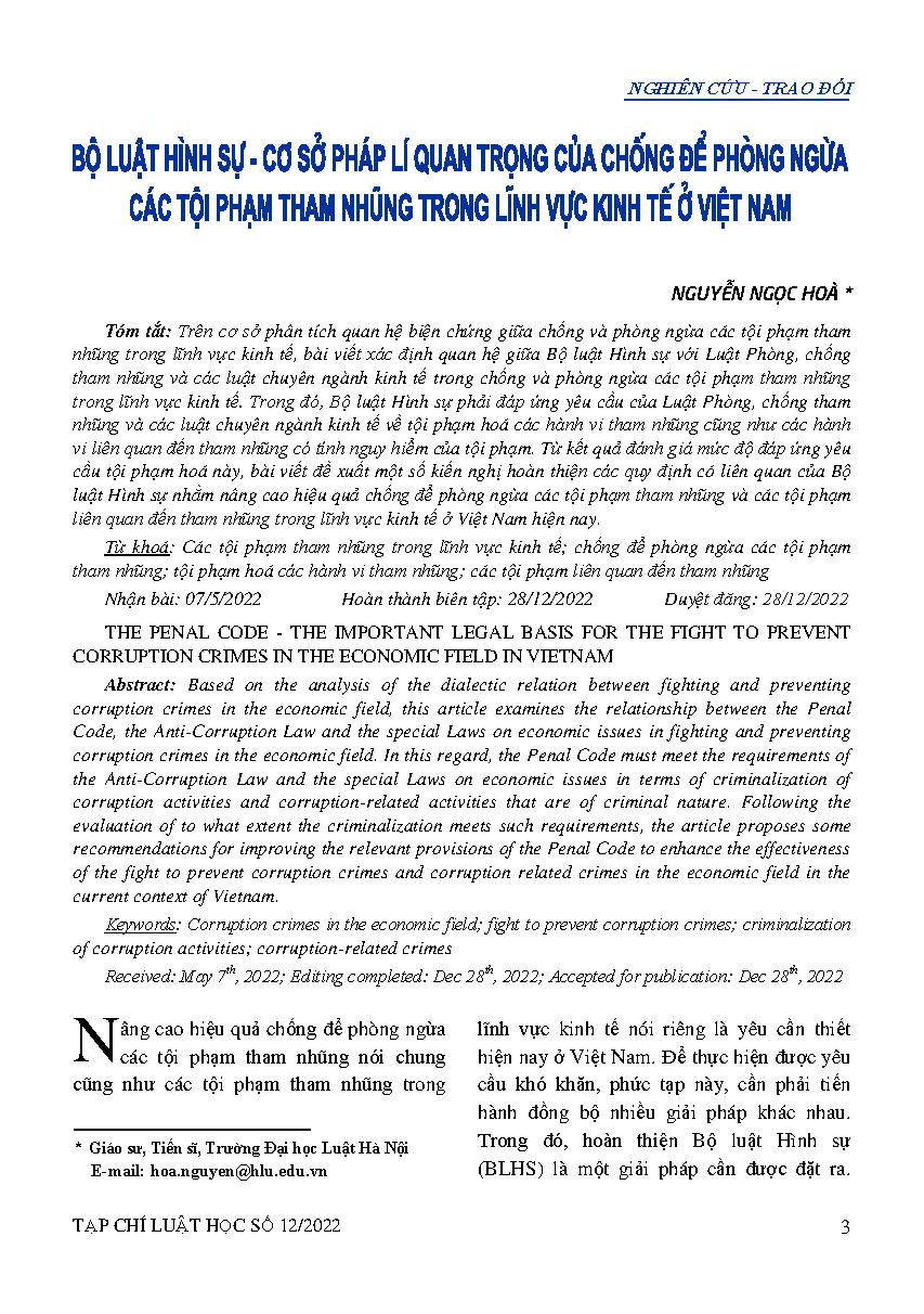 Bộ luật Hình sự - Cơ sở pháp lí quan trọng của chống để phòng ngừa các tội phạm tham nhũng trong lĩnh vực kinh tế ở Việt Nam 