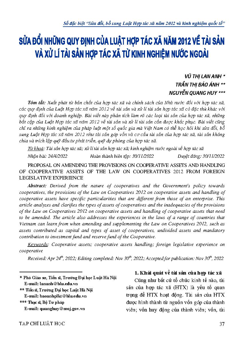 Sửa đổi những quy định của Luật Hợp tác xã năm 2012 về tài sản và xử lí tài sản hợp tác xã từ kinh nghiệm nước ngoài 