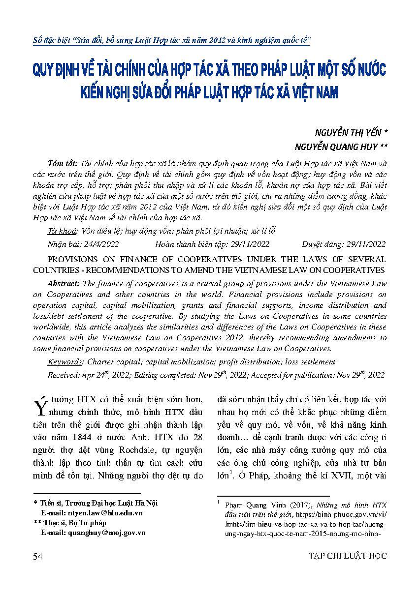 Quy định về tài chính của hợp tác xã theo pháp luật một số nước - Kiến nghị sửa đổi pháp luật hợp tác xã Việt Nam 