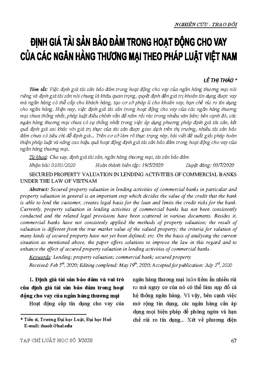 Định giá tài sản bảo đảm trong hoạt động cho vay của các ngân hàng thương mại theo pháp luật Việt Nam 