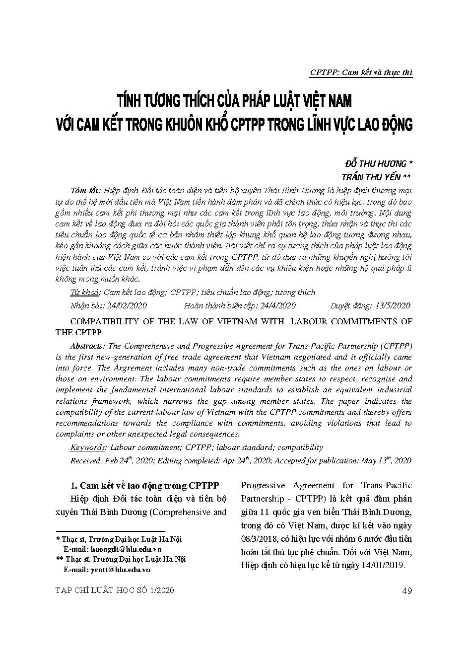 Tính tương thích của pháp luật Việt Nam với cam kết trong khuôn khổ CPTPP trong lĩnh vực lao động 