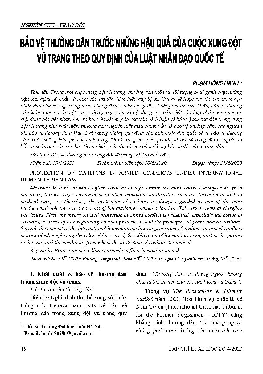 Bảo vệ thường dân trước những hậu quả của cuộc xung đột vũ trang theo quy định của Luật Nhân đạo quốc tế 