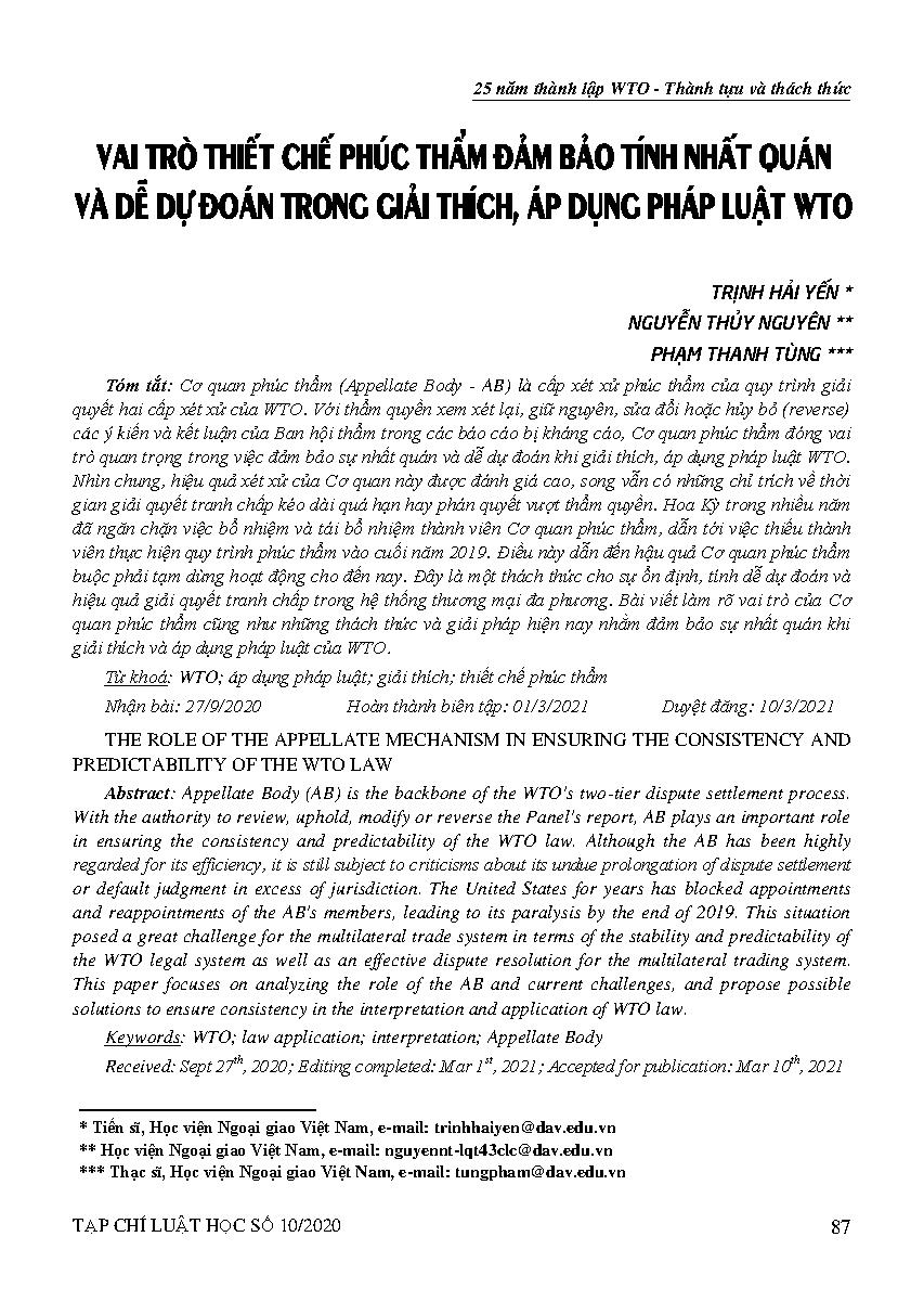 Vai trò thiết chế phúc thẩm đảm bảo tính nhất quán và dễ dự đoán trong giải thích, áp dụng pháp luật WTO 