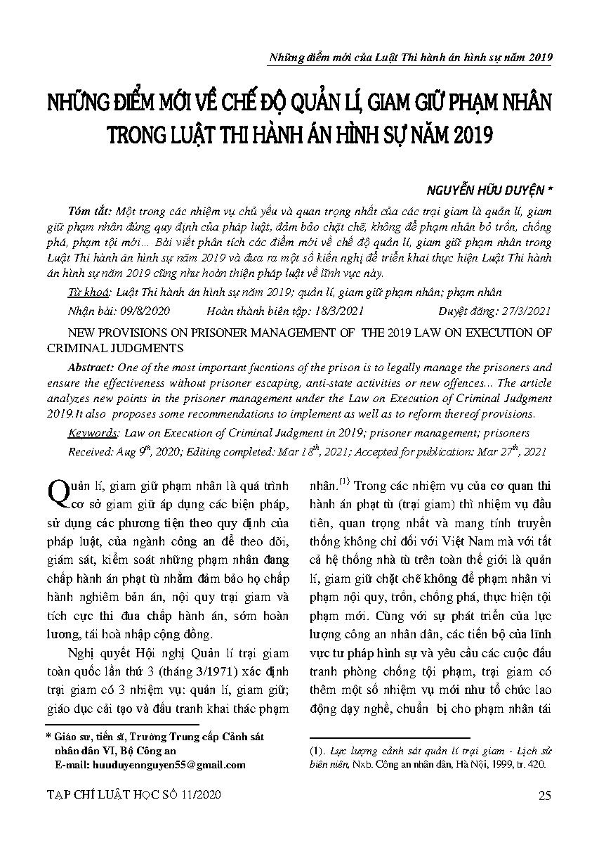 Những điểm mới về chế độ quản lí, giam giữ phạm nhân trong Luật Thi hành án hình sự năm 2019 