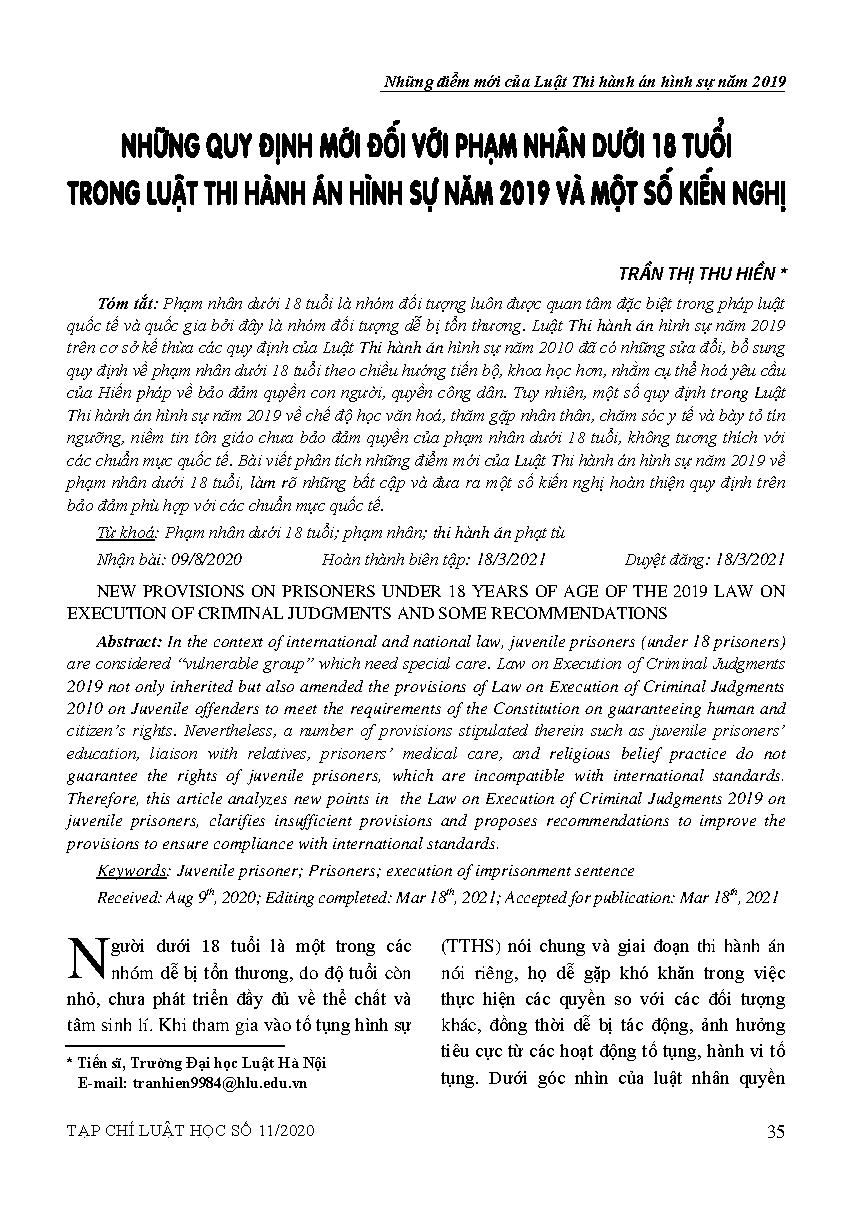 Những quy định mới đối với phạm nhân dưới 18 tuổi trong Luật Thi hành án hình sự năm 2019 và một số kiến nghị 