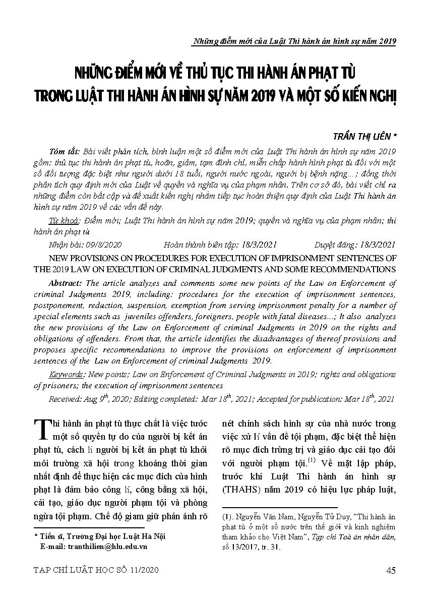 Những điểm mới về thủ tục thi hành án phạt tù trong Luật Thi hành án hình sự năm 2019 và một số kiến nghị 