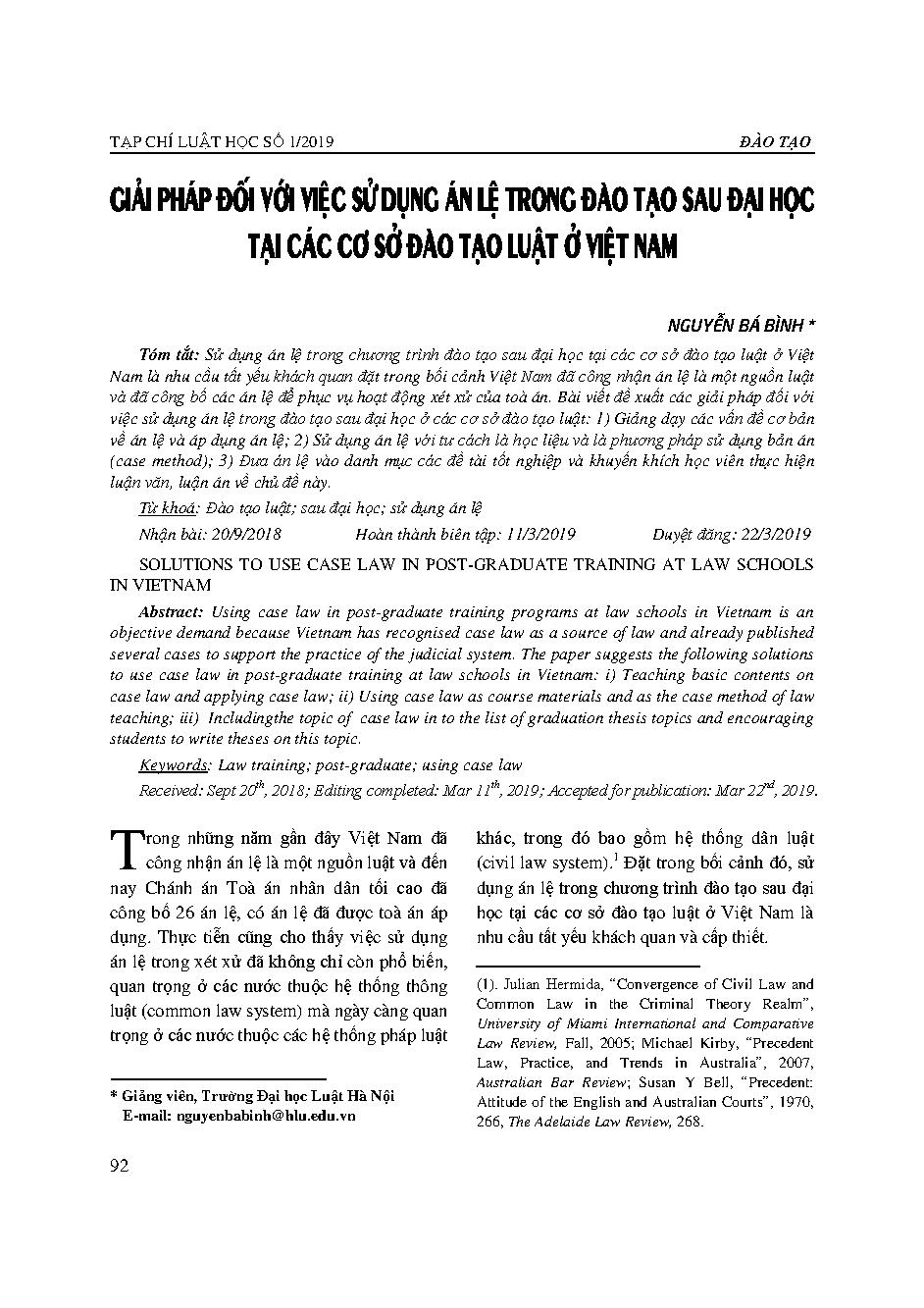 Giải pháp đối với việc sử dụng án lệ trong đào tạo sau đại học tại các cơ sở đào tạo luật ở Việt Nam 