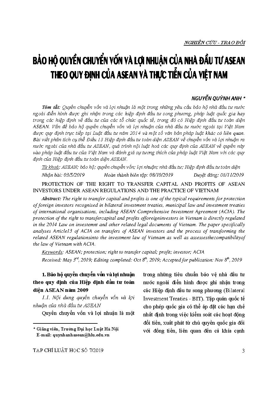 Bảo hộ quyền chuyển vốn và lợi nhuận của nhà đầu tư ASEAN theo quy định của ASEAN và thực tiễn của Việt Nam 