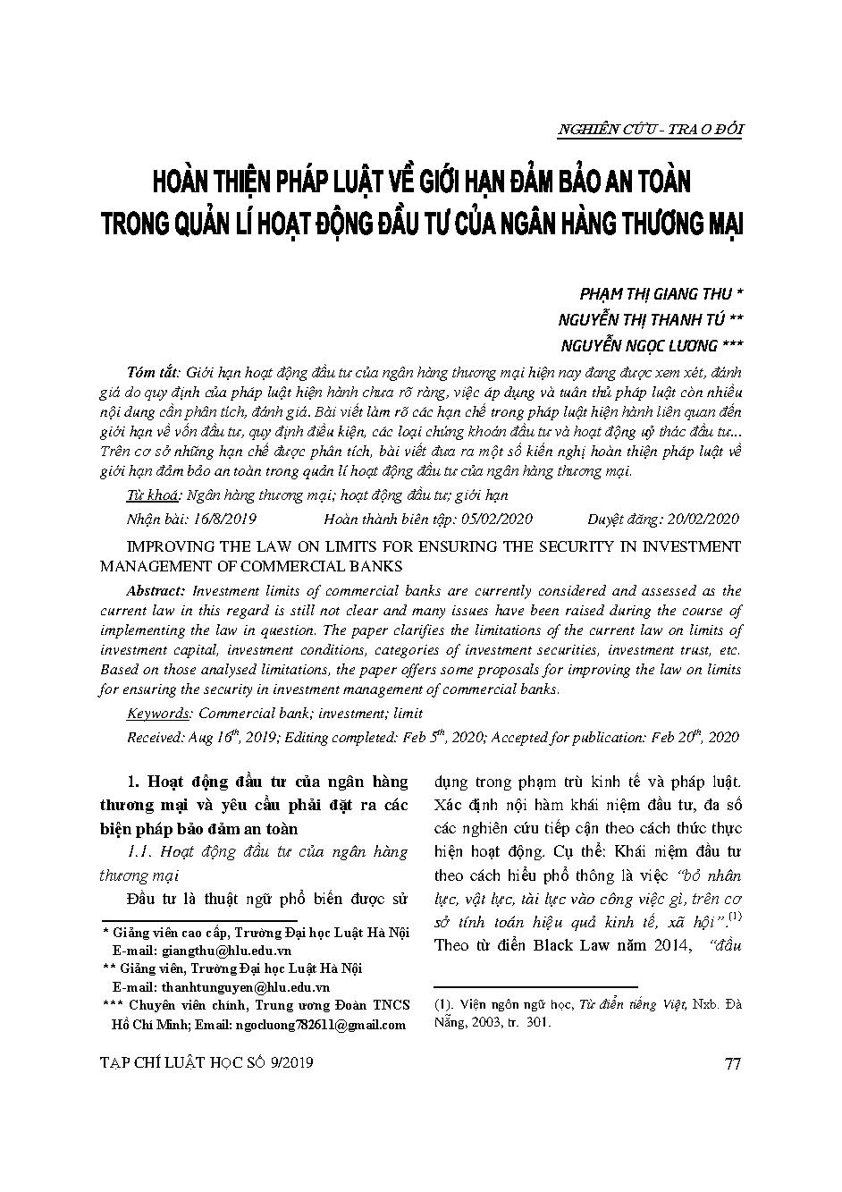 Hoàn thiện pháp luật về giới hạn đảm bảo an toàn trong quản lí hoạt động đầu tư của ngân hàng thương mại 