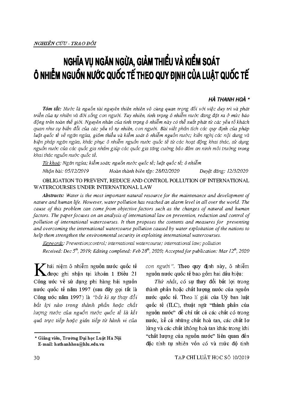 Nghĩa vụ ngăn ngừa, giảm thiểu và kiểm soát ô nhiễm nguồn nước quốc tế theo quy định của Luật Quốc tế 