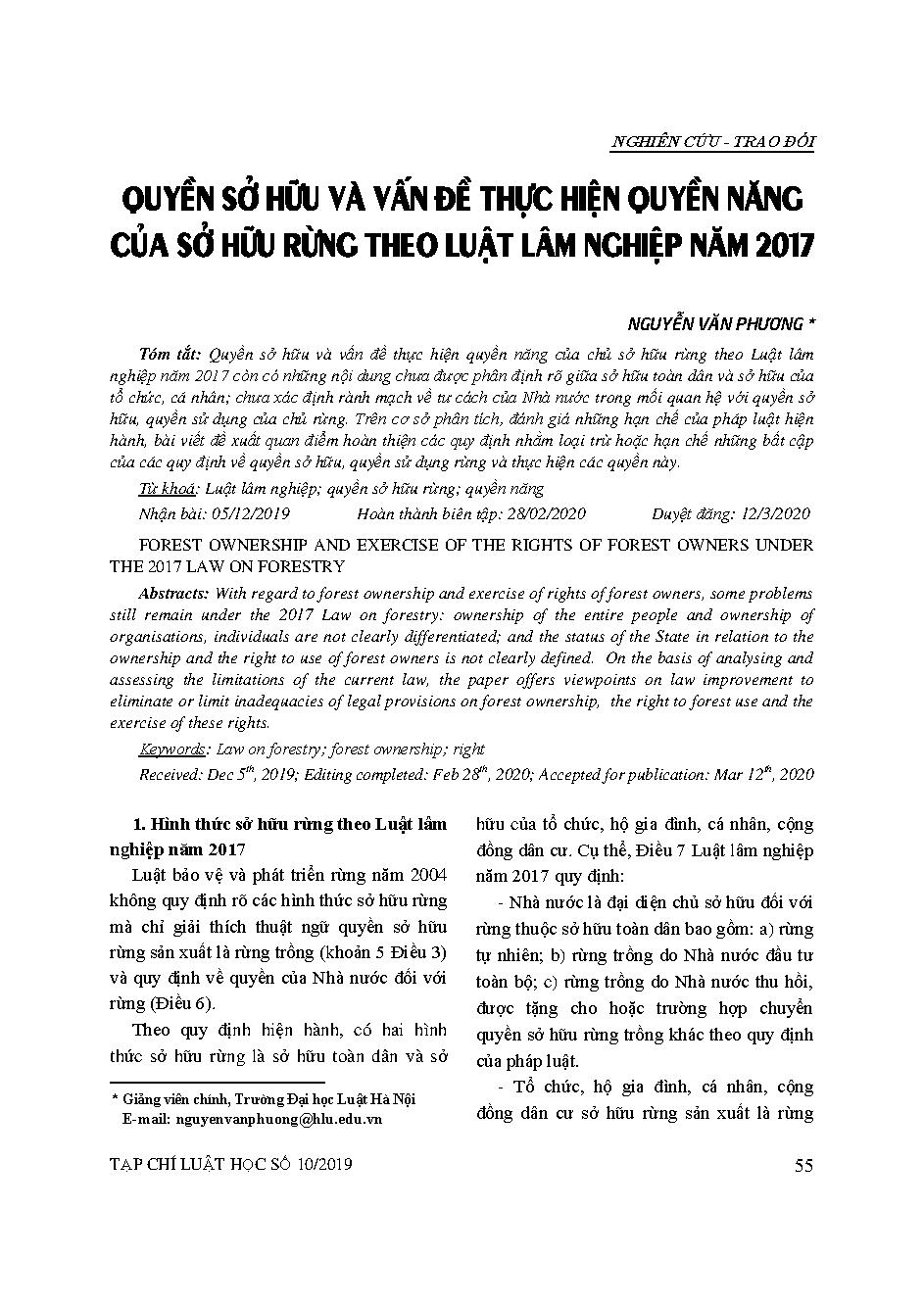 Quyền sở hữu và vấn đề thực hiện quyền năng của sở hữu rừng theo Luật Lâm nghiệp năm 2017 