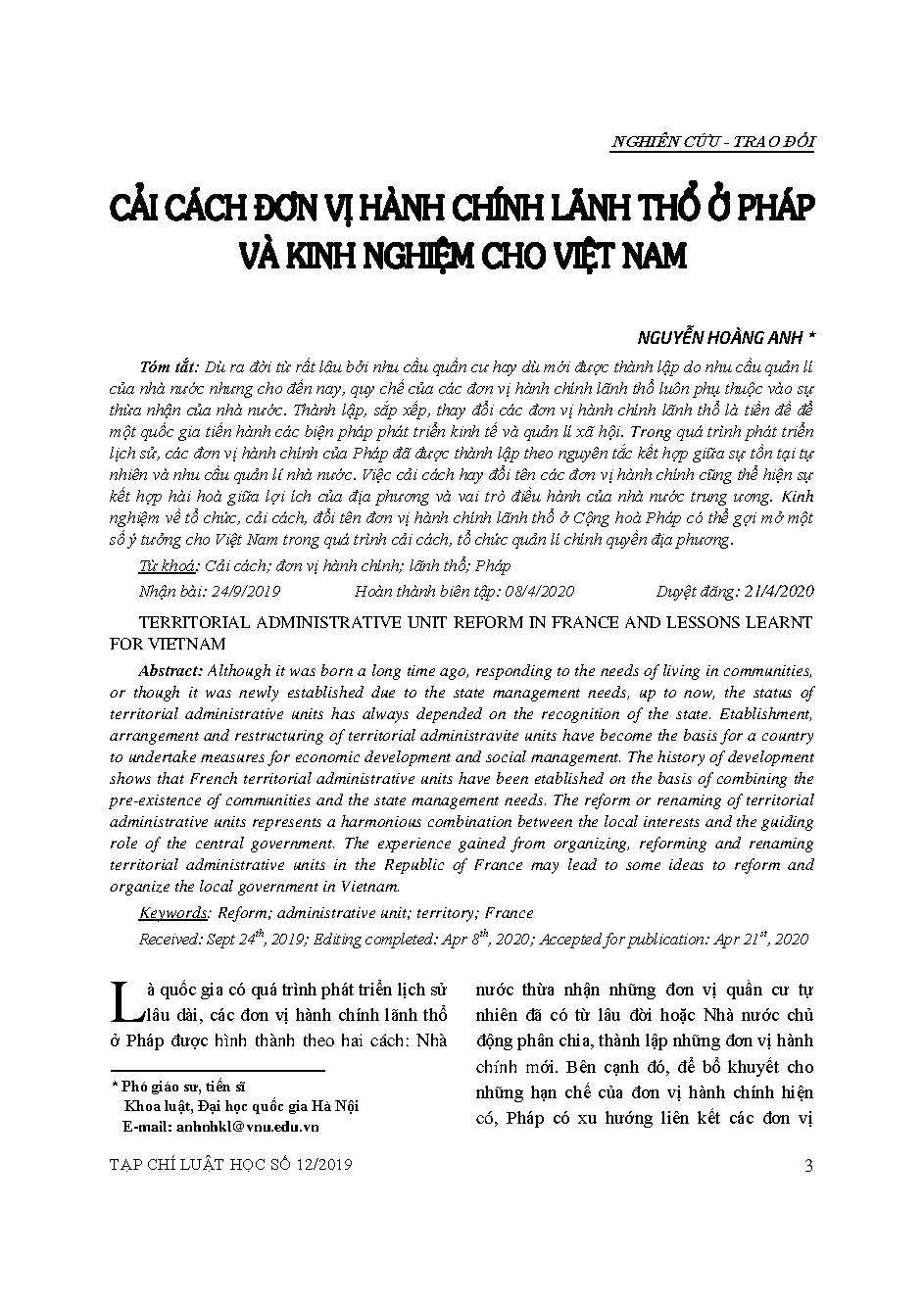 Cải cách đơn vị hành chính lãnh thổ ở Pháp và kinh nghiệm cho Việt Nam 