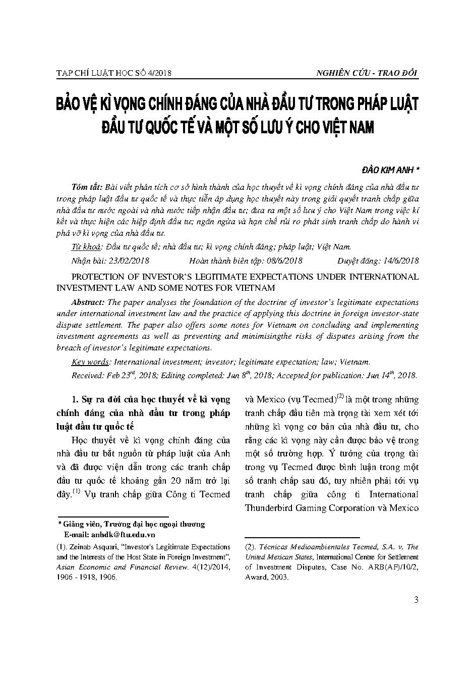 Bảo vệ kì vọng chính đáng của nhà đầu tư trong pháp luật đầu tư quốc tế và một số lưu ý cho Việt Nam 