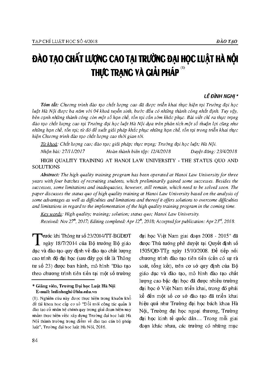 Đào tạo chất lượng cao tại Trường Đại học Luật Hà Nội – Thực trạng và giải pháp 