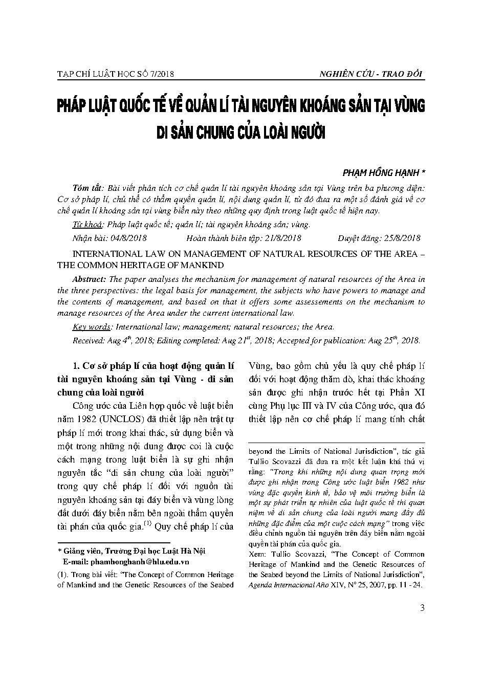 Pháp luật quốc tế về quản lí tài nguyên khoáng sản tại Vùng - di sản chung của loài người 