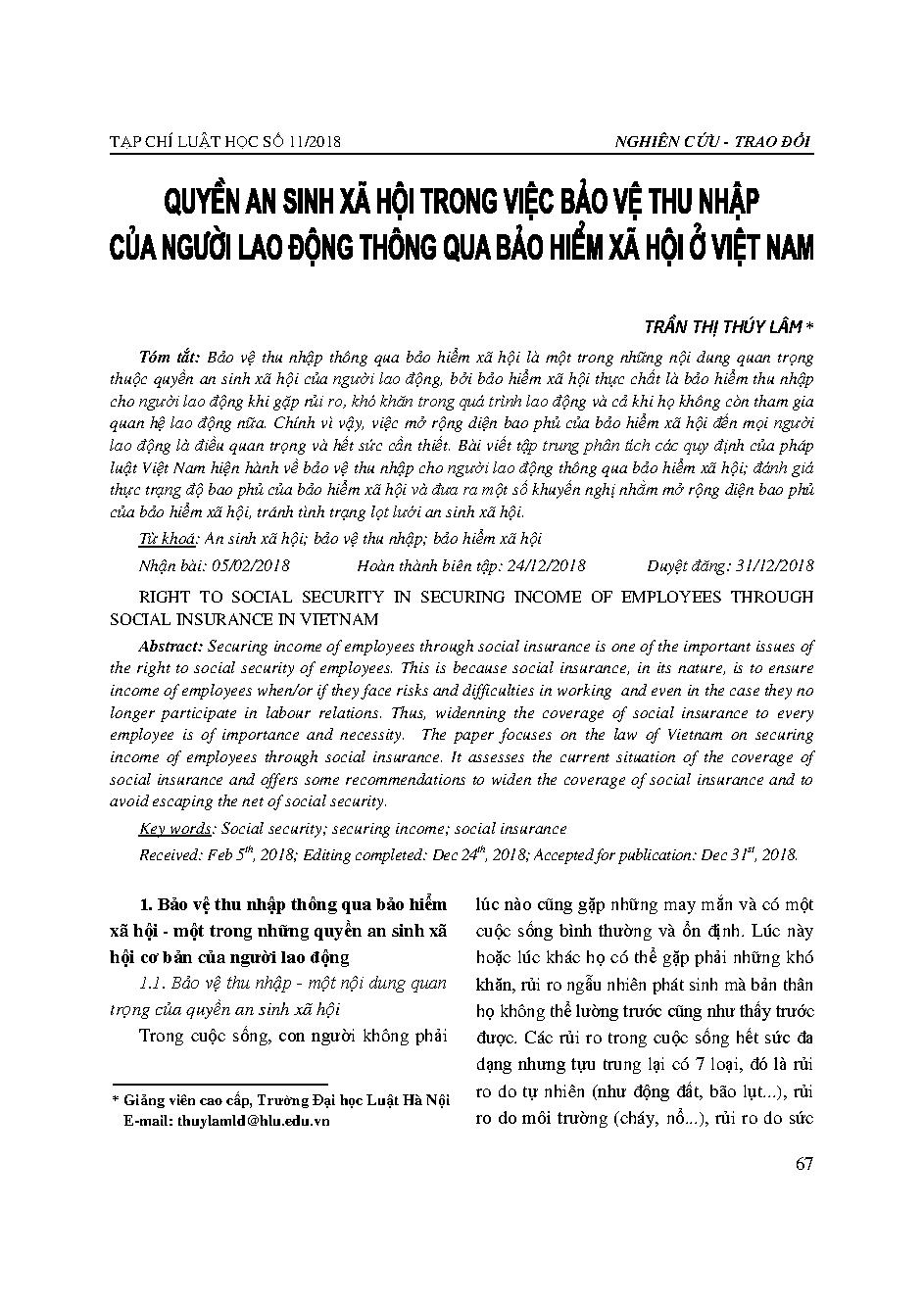 Quyền an sinh xã hội trong việc bảo vệ thu nhập của người lao động thông qua bảo hiểm xã hội ở Việt Nam 