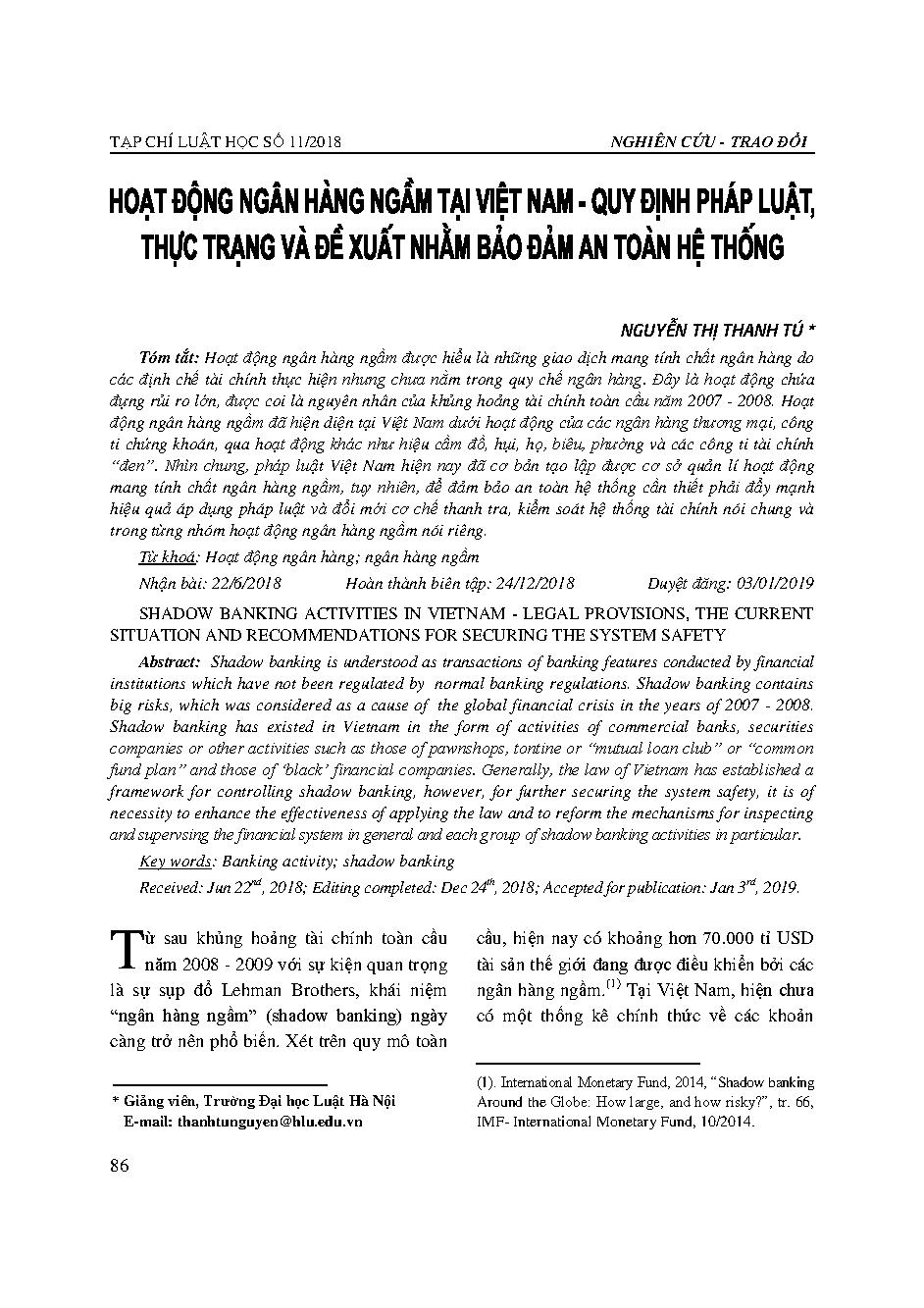 Hoạt động ngân hàng ngầm tại Việt Nam - Quy định pháp luật, thực trạng và đề xuất nhằm bảo đảm an toàn hệ thống 