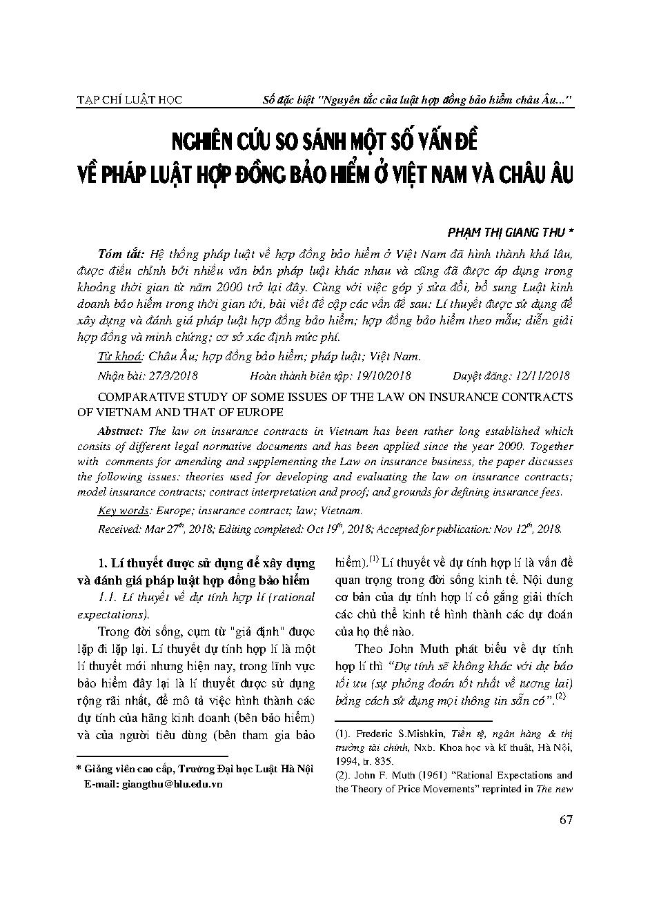Nghiên cứu so sánh một số vấn đề về pháp luật hợp đồng bảo hiểm ở Việt Nam và châu Âu 