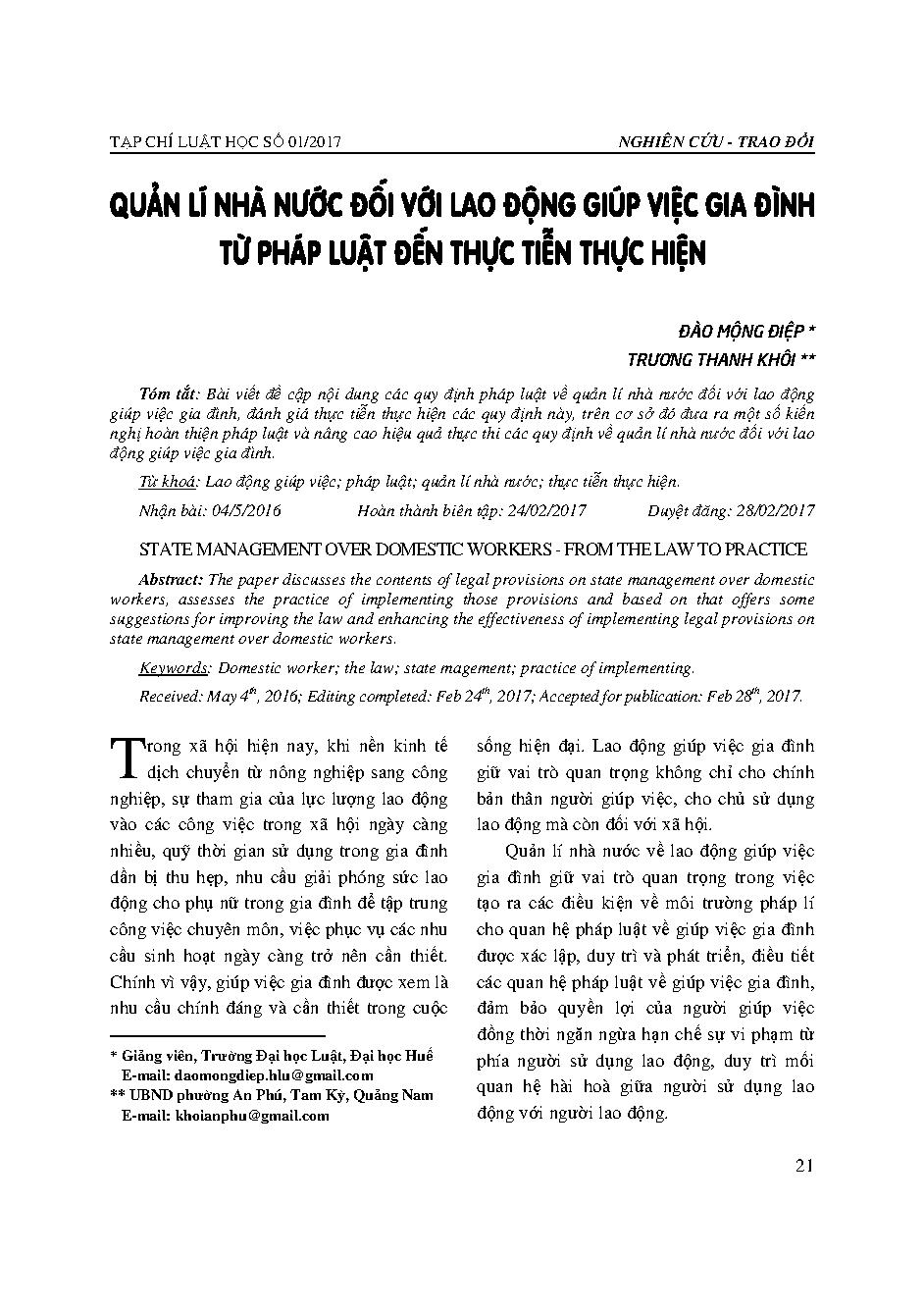 Quản lí nhà nước về lao động giúp việc gia đình - Từ pháp luật đến thực tiễn thực hiện 