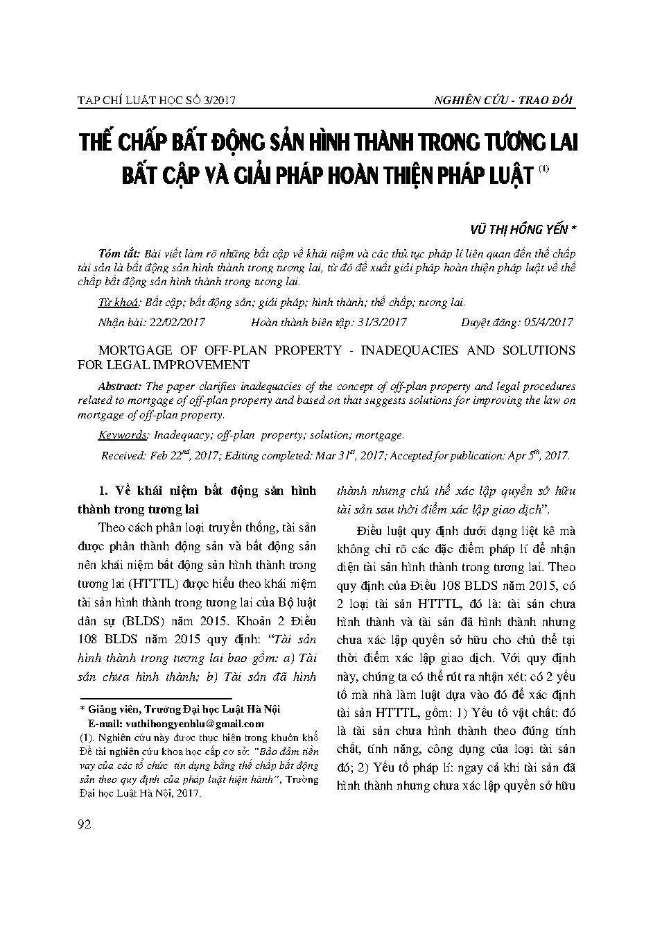 Thế chấp bất động sản hình thành trong tương lai - Bất cập và giải pháp hoàn thiện pháp luật 