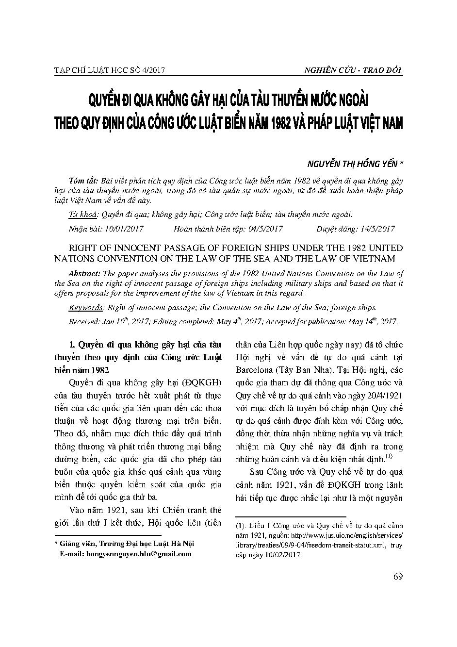 Quyền đi qua không gây hại của tàu thuyền nước ngoài theo quy định của Công ước luật biển năm 1982 và pháp luật Việt Nam 