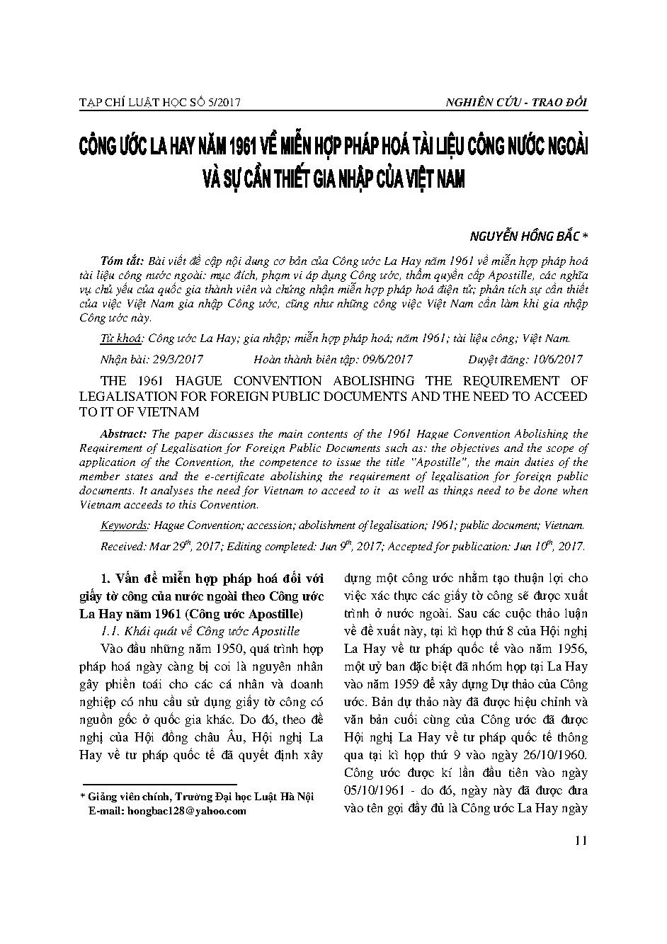 Công ước La Hay năm 1961 về miễn hợp pháp hoá tài liệu công nước ngoài và sự cần thiết gia nhập của Việt Nam 