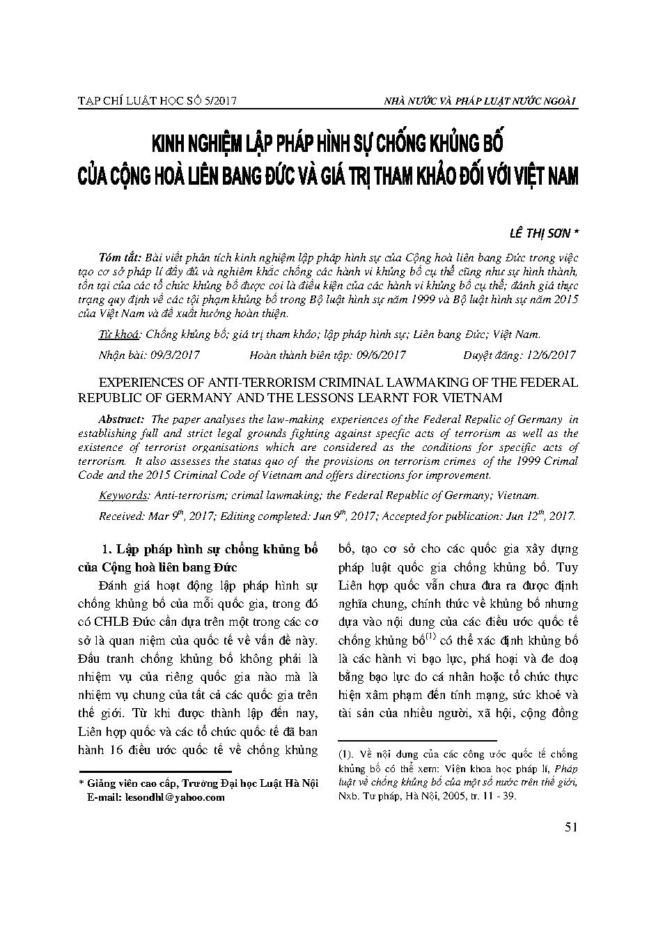 Kinh nghiệm lập pháp hình sự chống khủng bố của Cộng hoà Liên bang Đức và giá trị tham khảo đối với Việt Nam 