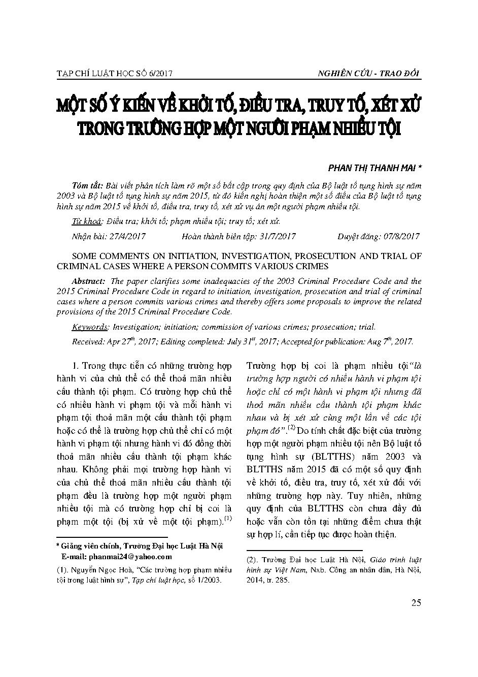 Một số ý kiến về khởi tố, điều tra, truy tố, xét xử trong trường hợp một người phạm nhiều tội 