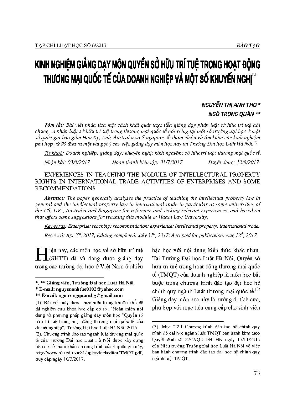 Kinh nghiệm giảng dạy môn quyền sở hữu trí tuệ trong hoạt động thương mại quốc tế của doanh nghiệp và một số khuyến nghị 