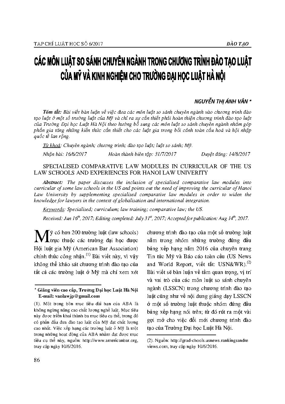 Các môn luật so sánh chuyên ngành trong chương trình đào tạo luật của Mỹ và kinh nghiệm cho Trường Đại học Luật Hà Nội 