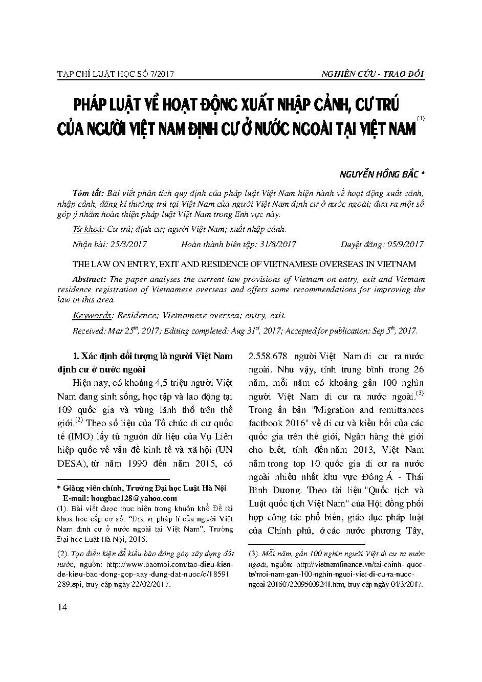 Pháp luật về hoạt động xuất nhập cảnh, cư trú của người Việt Nam định cư ở nước ngoài tại Việt Nam 