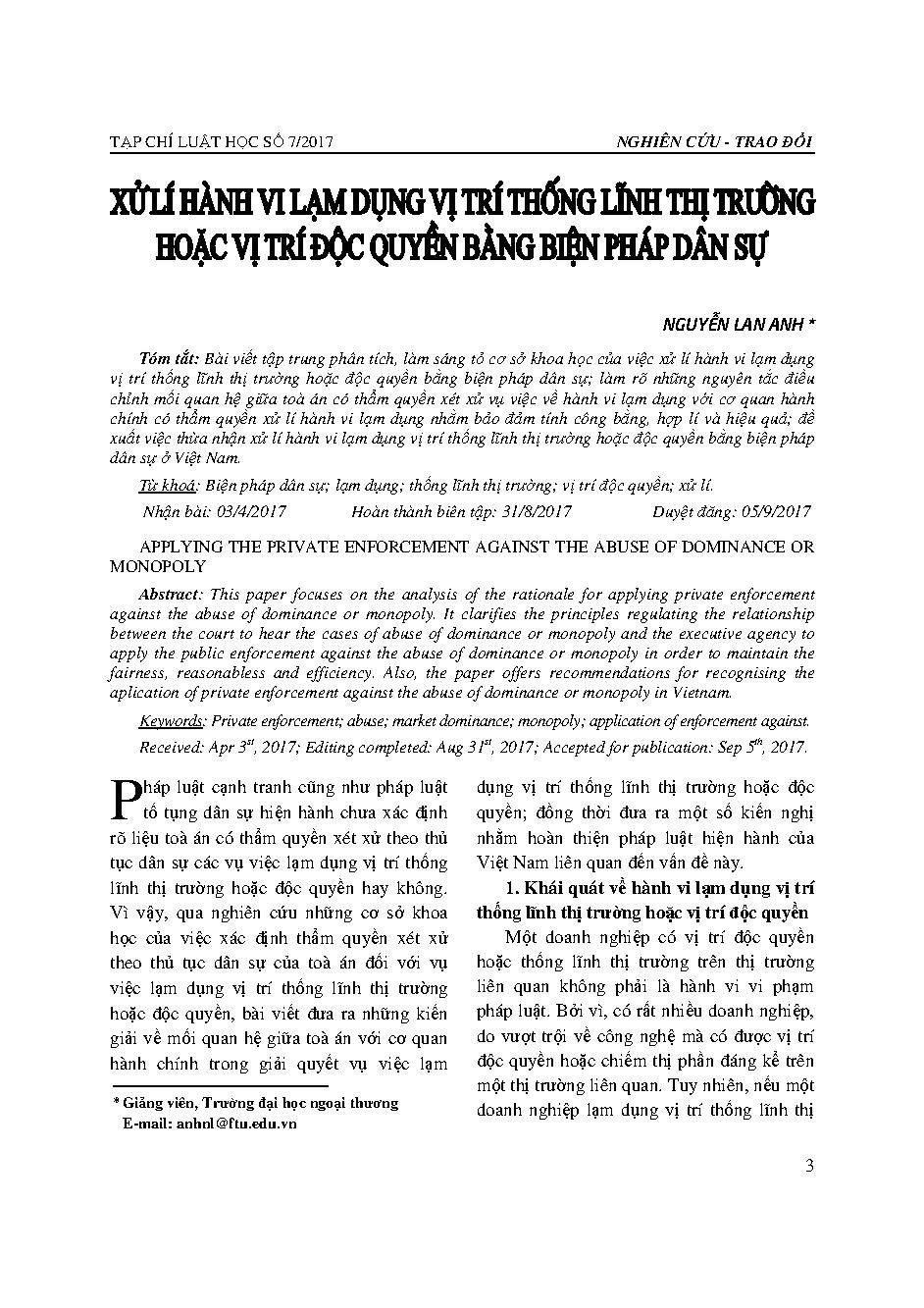 Xử lí hành vi lạm dụng vị trí thống lĩnh thị trường hoặc vị trí độc quyền bằng biện pháp dân sự 