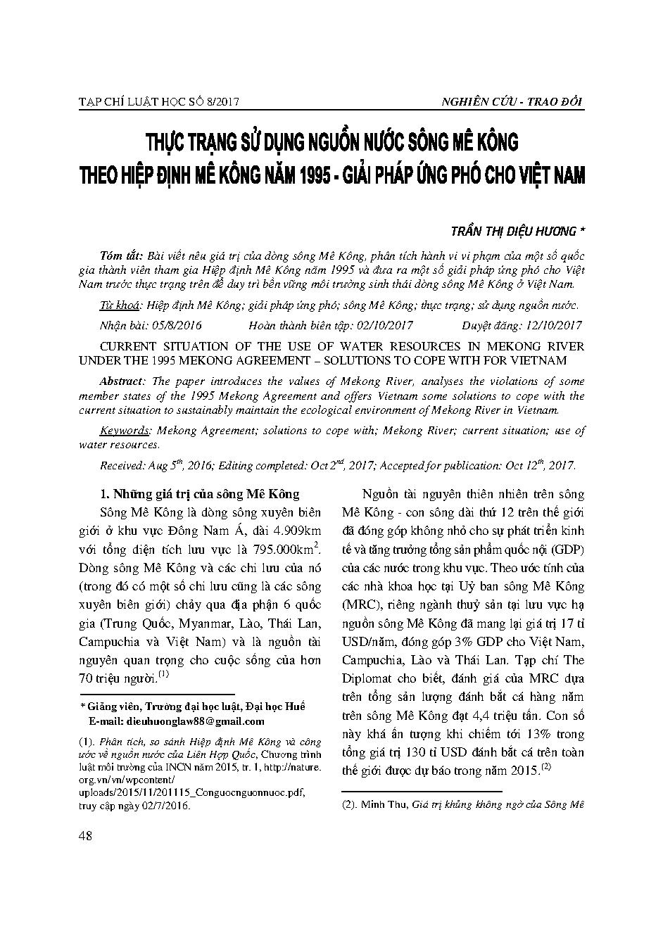 Thực trạng sử dụng nguồn nước sông Mê Kông theo Hiệp định Mê Kông năm 1995 - Giải pháp ứng phó cho Việt Nam 