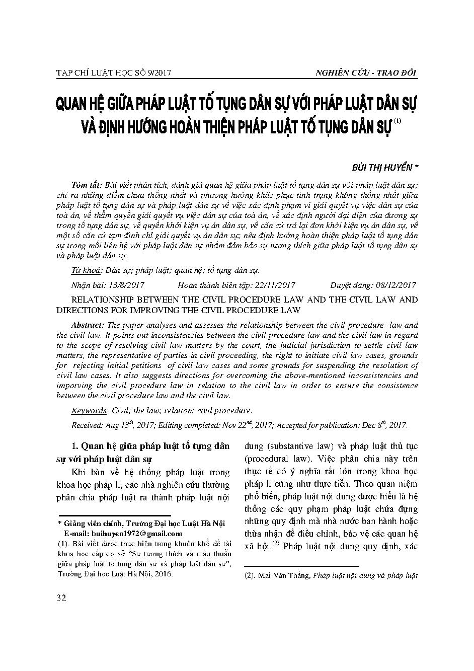 Mối quan hệ giữa pháp luật tố tụng dân sự với pháp luật dân sự và định hướng hoàn thiện pháp luật tố tụng dân sự 