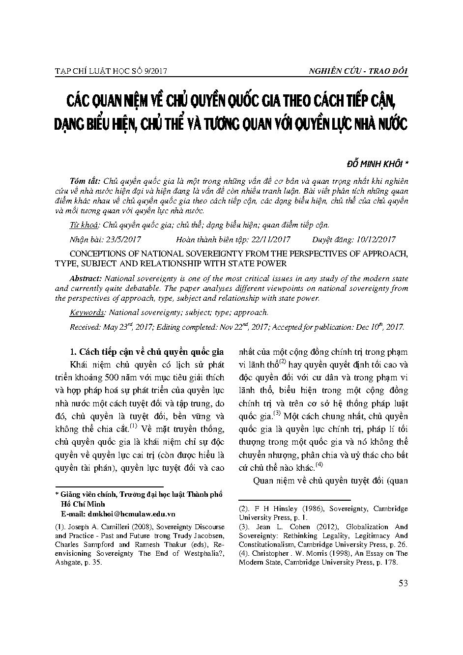 Các quan niệm về chủ quyền quốc gia theo cách tiếp cận, dạng biểu hiện, chủ thể và tương quan với quyền lực nhà nước 