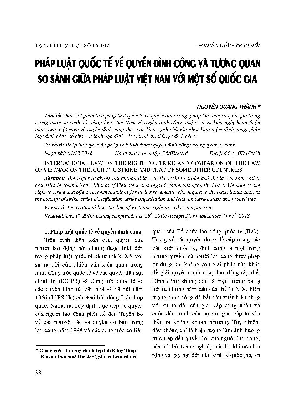 Pháp luật quốc tế về quyền đình công và tương quan so sánh giữa pháp luật Việt Nam với một số quốc gia 