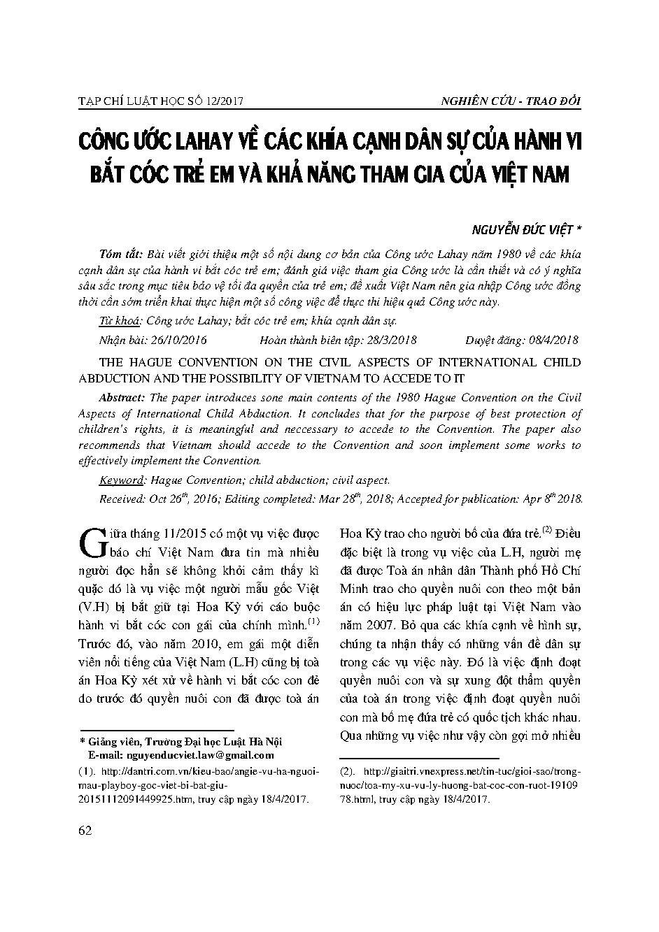 Công ước Lahay về các khía cạnh dân sự của hành vi bắt cóc trẻ em và khả năng tham gia của Việt Nam 