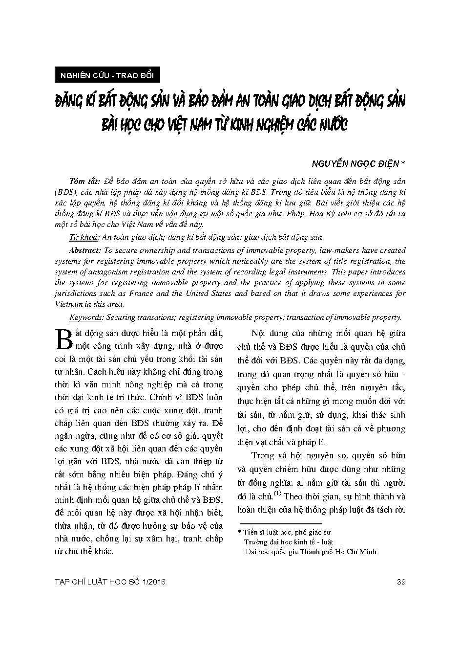 Đăng kí bất động sản và bảo đảm an toàn giao dịch bất động sản - bài học cho Việt Nam từ kinh nghiệm các nước 