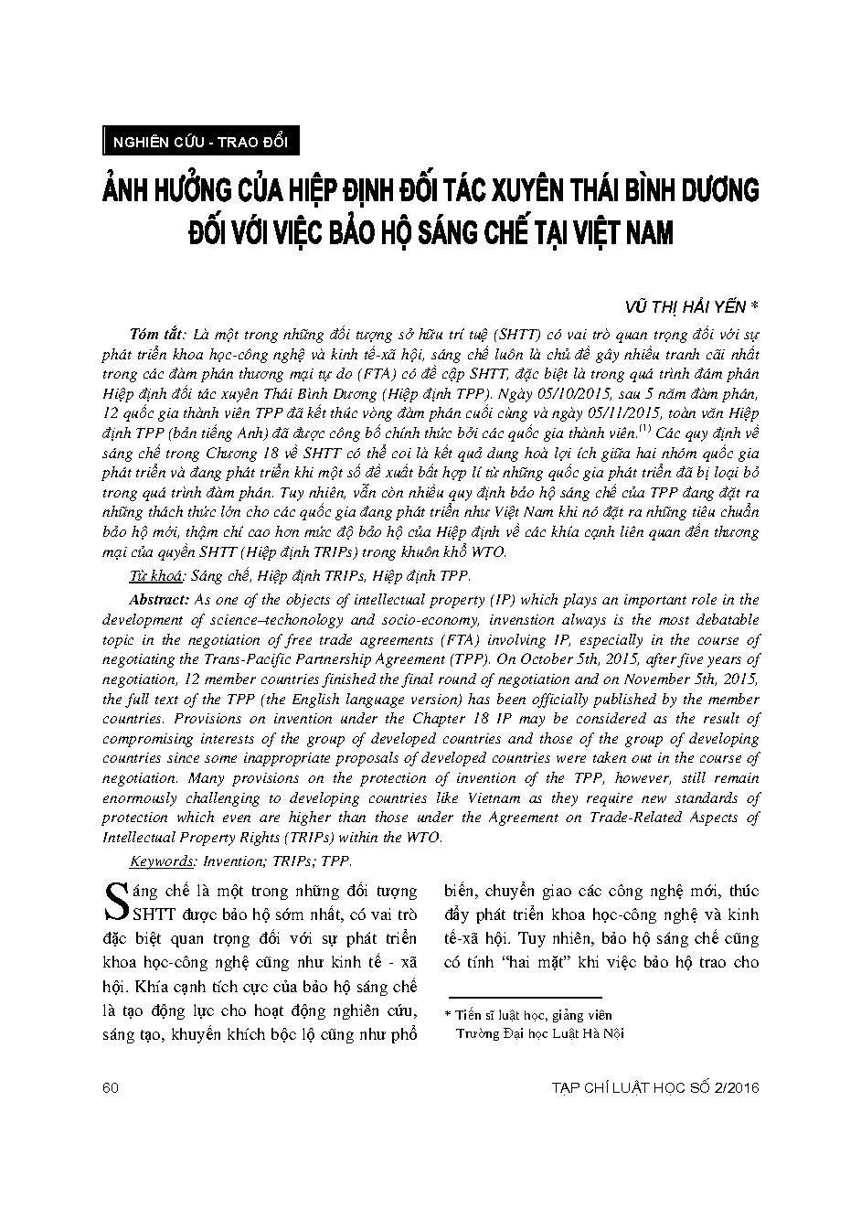 Ảnh hưởng của Hiệp định đối tác xuyên Thái Bình Dương đối với việc bảo hộ sáng chế tại Việt Nam 