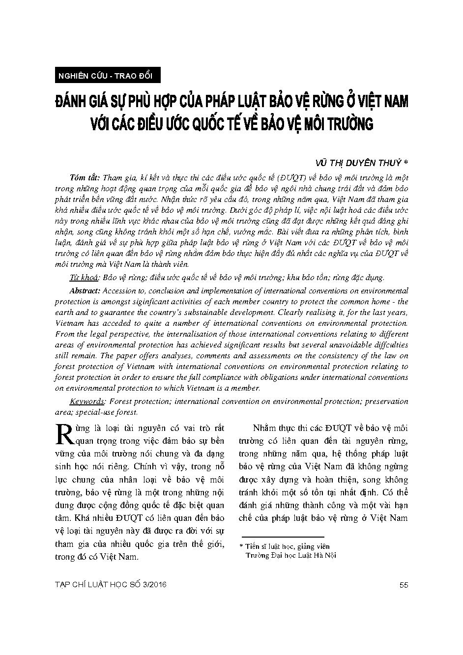 Đánh giá sự phù hợp của pháp luật bảo vệ rừng ở Việt Nam với các điều ước quốc tế về bảo vệ môi trường 