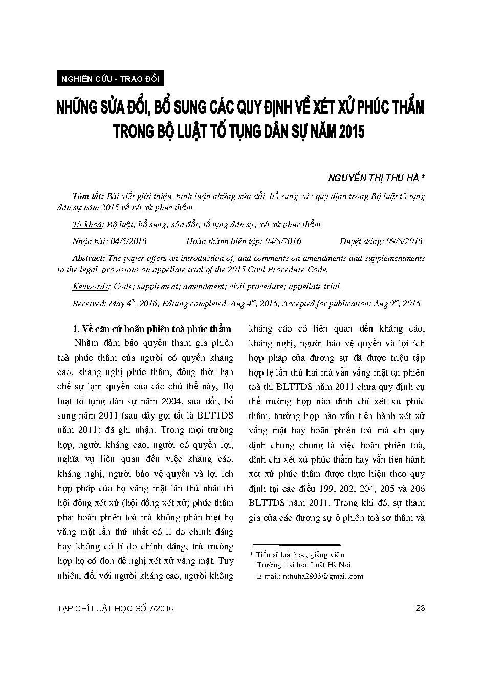 Những sửa đổi, bổ sung các quy định về xét xử phúc thẩm trong Bộ luật tố tụng dân sự năm 2015 