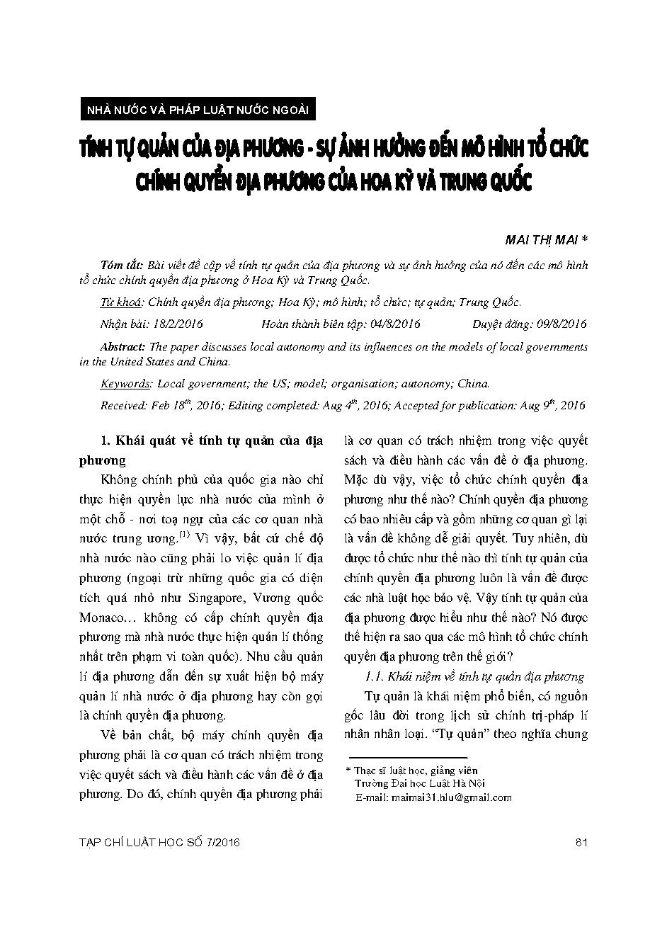 Tính tự quản của địa phương - sự ảnh hưởng đến mô hình tổ chức chính quyền địa phương của Hoa Kỳ và Trung Quốc 